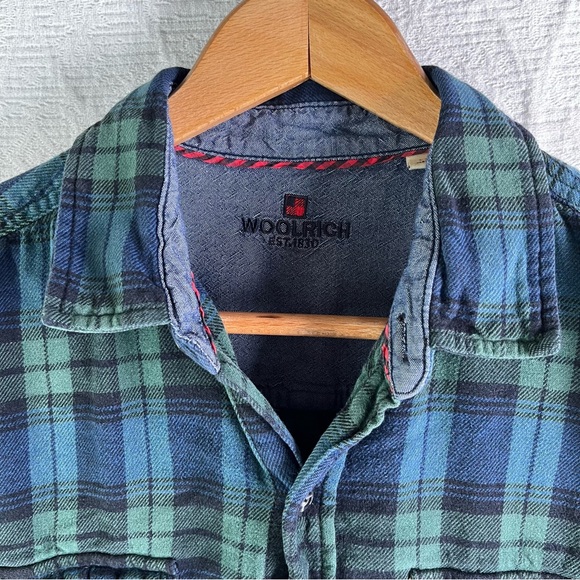 Woolrich Blackwatch Plaid Cotton Flannel Women L Button Down HOLES PAINT STAINED - Picture 7 of 16